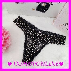 💗👙Victoria's Secret Gold stars Black Lace Thong Pantie👙💗